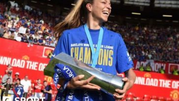 Melanie Leupolz with the Women's Super League trophy