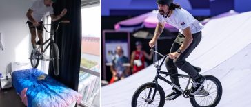 "Casi me caigo por la ventana": un ciclista de BMX realiza una audaz prueba en una cama de cartón en los Juegos Olímpicos