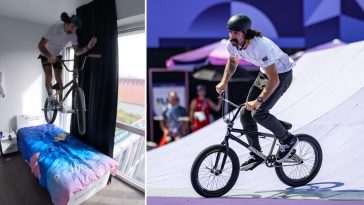 "Casi me caigo por la ventana": un ciclista de BMX realiza una audaz prueba en una cama de cartón en los Juegos Olímpicos