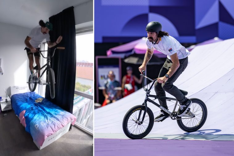 "Casi me caigo por la ventana": un ciclista de BMX realiza una audaz prueba en una cama de cartón en los Juegos Olímpicos