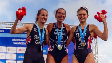 Grace Norman, Claire Cashmore y Lauren Steadman - podio en la World Triathlon Para Series Swansea 2023