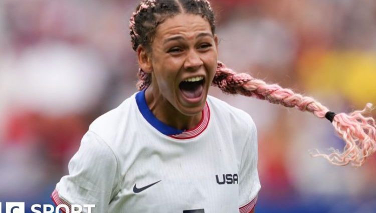 Trinity Rodman celebrates scoring for the USA