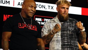 El ex campeón de peso pesado Mike Tyson (izq.) y el YouTuber y boxeador profesional Jake Paul