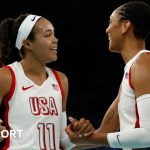 Napheesa Collier and A'ja Wilson celebrate during the USA's basketball win over Australia