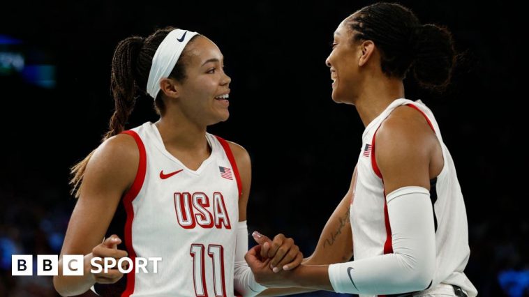 Napheesa Collier and A'ja Wilson celebrate during the USA's basketball win over Australia