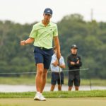 Tiger Christensen reacciona después de ganar su partido en el hoyo 15 durante la ronda de 64 del US Amateur 2024 en el Hazeltine National Golf Club en Chaska, Minnesota, el miércoles 14 de agosto de 2024. (Chris Keane/USGA)