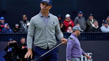 21 de julio de 2024; Ayrshire, SCT; Billy Horschel reacciona en el green 18 durante la ronda final del torneo de golf Open Championship en Royal Troon. Crédito obligatorio: Jack Gruber-USA TODAY Sports