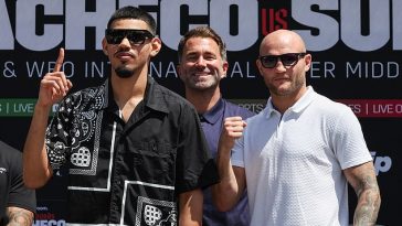 Diego Pacheco (izquierda) de Hearn se enfrenta a Maciej Sulecki (derecha) el sábado por la noche en DAZN