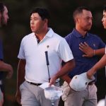 Enfrentamiento de la Copa Presidentes entre los jugadores del equipo internacional Si Woo Kim y Tom Kim, y los estadounidenses Patrick Cantlay y Xander Schauffele