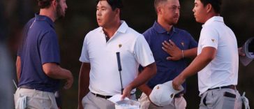 Enfrentamiento de la Copa Presidentes entre los jugadores del equipo internacional Si Woo Kim y Tom Kim, y los estadounidenses Patrick Cantlay y Xander Schauffele