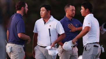 Enfrentamiento de la Copa Presidentes entre los jugadores del equipo internacional Si Woo Kim y Tom Kim, y los estadounidenses Patrick Cantlay y Xander Schauffele