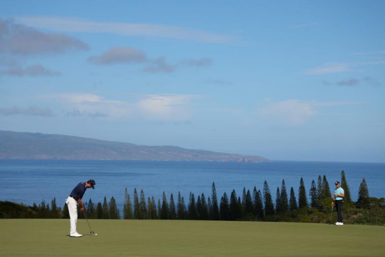 Harris English patea en el quinto green durante la ronda final del torneo Sentry 2024 en el Plantation Course de Kapalua, en Kapalua, Hawái. (Michael Reaves/Getty Images)