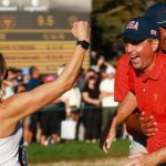 Keegan Bradley de EE. UU. celebra su victoria en la Copa Presidentes 2024 con su esposa Jillian Stacey y su compañero de equipo Tony Finau.