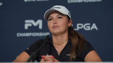 Alexa Pano responde preguntas durante su conferencia de prensa del Campeonato FM en TPC Boston en Norton el 27 de agosto.