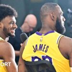 Bronny James and Lebron James at Los Angeles Lakers media day