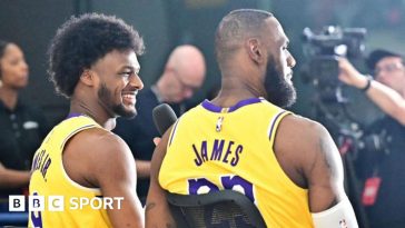 Bronny James and Lebron James at Los Angeles Lakers media day