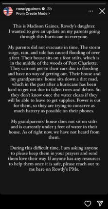 Rowdy Gaines y su esposa Judy quedan atrapados en su casa de Port Charlotte debido al huracán Helene