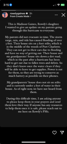 Rowdy Gaines y su esposa Judy quedan atrapados en su casa de Port Charlotte debido al huracán Helene