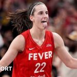 Caitlin Clark celebrates scoring for the Indiana Fever against the Las Vegas Aces