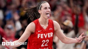 Caitlin Clark celebrates scoring for the Indiana Fever against the Las Vegas Aces