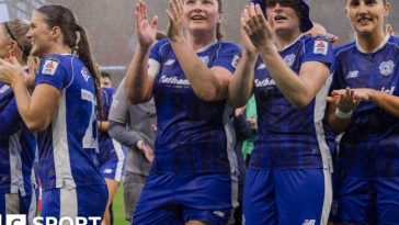 Cardiff City Women celebrate after rounding off last season with a thumping win over Wrexham in April