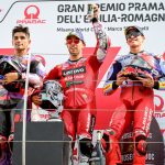 Jorge Martín, Enea Bastianini y Marc Márquez en el podio del Gran Premio de Emilia Romagna