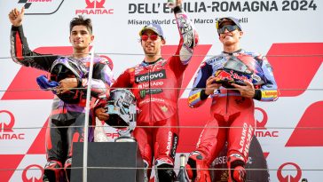 Jorge Martín, Enea Bastianini y Marc Márquez en el podio del Gran Premio de Emilia Romagna