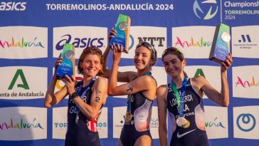 Podio Beaugrand Potter Lombardi Gran Final WTCS Torremolinos 2024 crédito de la foto Triatlón Mundial