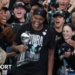 Jonquel Jones celebrates New York Liberty winning the WNBA title