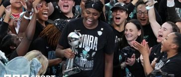 Jonquel Jones celebrates New York Liberty winning the WNBA title