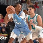 Darius Garland (left) with the ball during the Cleveland Cavaliers' win over the Charlotte Hornets