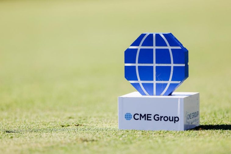 Un marcador de salida de CME Group en el CME Group Tour Championship 2023 en Tiburon Golf Club en Naples, Florida. (Michael Reaves/Getty Images)