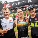 El podio masculino en XTERRA Oak Mountain 2023, encabezado por Arthur Serrieres [Photo credit: XTERRA]