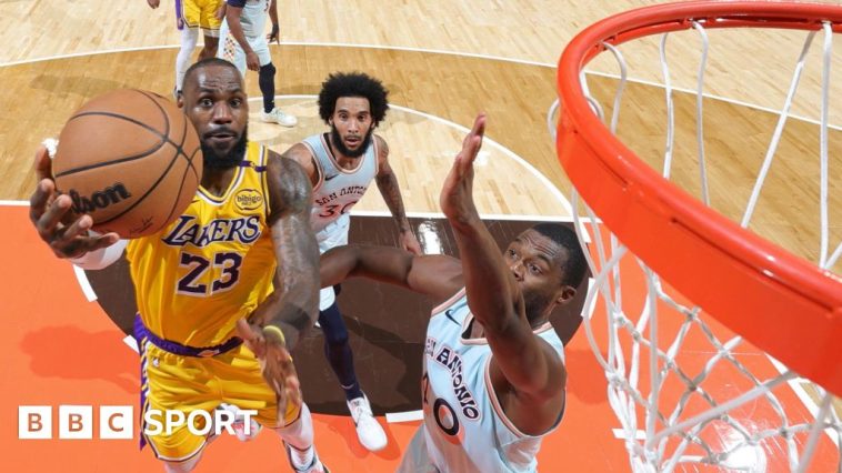 LeBron James in action for the LA Lakers against the San Antonio Spurs