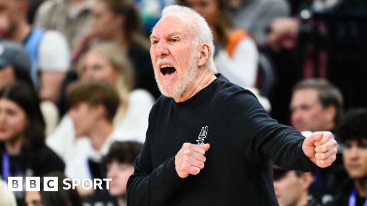 Gregg Popovich giving instructions courtside for the San Antonio Spurs