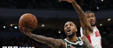 Damian Lillard in action for the Milwaukee Bucks against the Houston Rockets