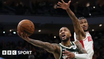 Damian Lillard in action for the Milwaukee Bucks against the Houston Rockets