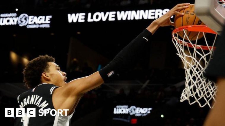 Victor Wembanyama dunks the ball against the Washington Wizards