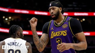 Anthony Davis of the Los Angeles Lakers in action against the New Orleans Pelicans during an NBA game.