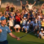 Justin Rose celebra embocar un putt durante la Ryder Cup 2023 en Roma (Paul ELLIS)