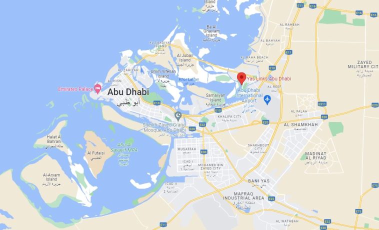 Un mapa que muestra la ubicación de Yas Links en Abu Dhabi