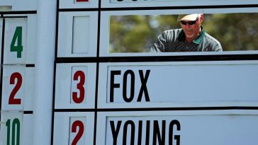 Un trabajador cambia las puntuaciones en el marcador principal durante la segunda ronda del Torneo Masters 2024 en el Augusta National Golf Club. (Foto: Michael Madrid-USA TODAY Network)