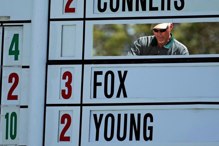 Un trabajador cambia las puntuaciones en el marcador principal durante la segunda ronda del Torneo Masters 2024 en el Augusta National Golf Club. (Foto: Michael Madrid-USA TODAY Network)