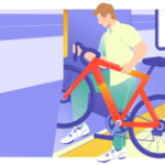 Ilustración de un hombre subiendo una bicicleta a un tren