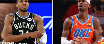 A split picture of Giannis Antetokounmpo and Shai-Gilgeous Alexander