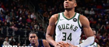 Giannis Antetokounmpo playing for the Milwaukee Bucks.