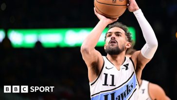 The Atlanta Hawks' Trae Young lines up a three-point shot