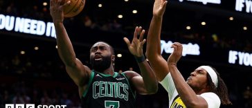 Jaylen Brown of the Boston Celtics takes a shot against the Indiana Pacers