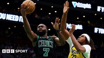 Jaylen Brown of the Boston Celtics takes a shot against the Indiana Pacers