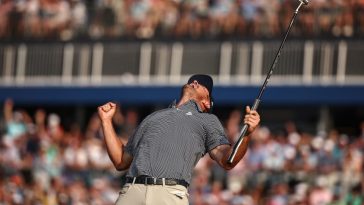 Bryson DeChambeau celebra hacer un par en el green 18 para ganar durante la ronda final del 124º Abierto de Estados Unidos en Pinehurst Resort el 16 de junio de 2024 en Pinehurst, Carolina del Norte.